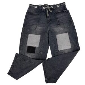 Womens Barrel Leg Jeans Black‎ Gray Patchwork Drawstring Waist Size 14